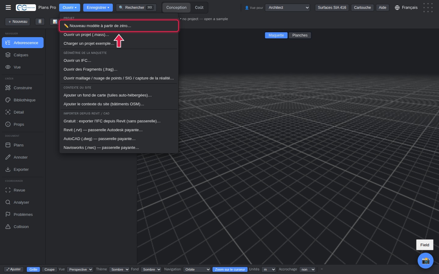 Menu Ouvrir, Nouveau modèle à partir de zéro